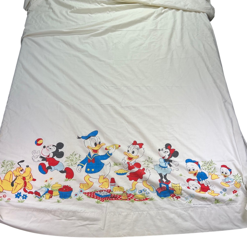 VTG 70s Walt Disney Mickey Mouse and Friends Picnic Twin Flat Sheet‎ READ